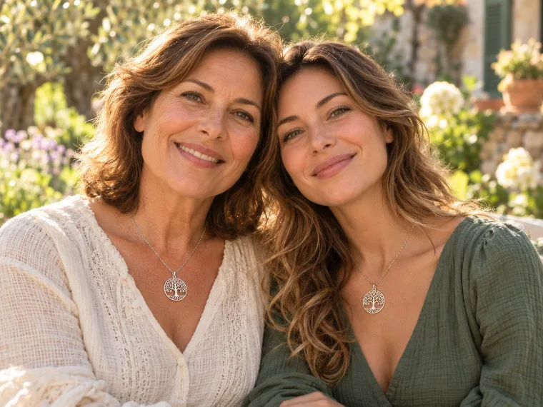 Mère et fille portant chacune un collier arbre de vie