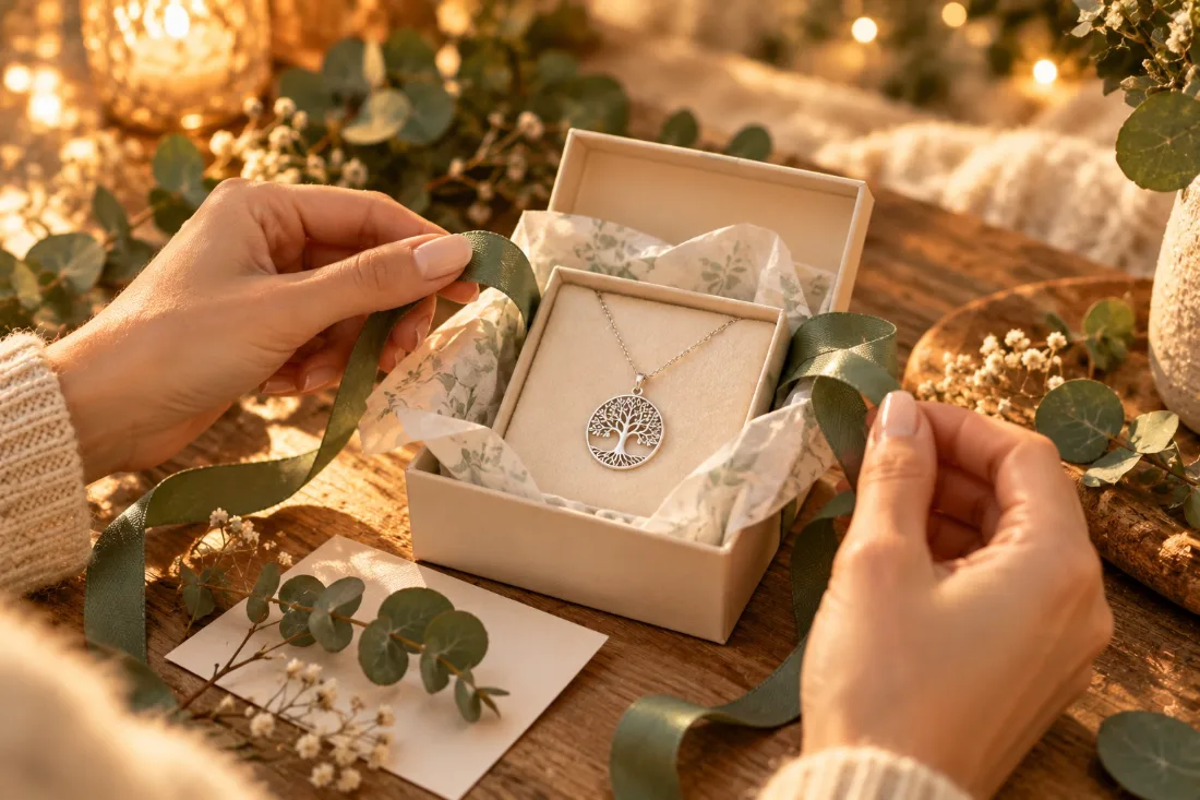 Collier arbre de vie présenté pour être offert