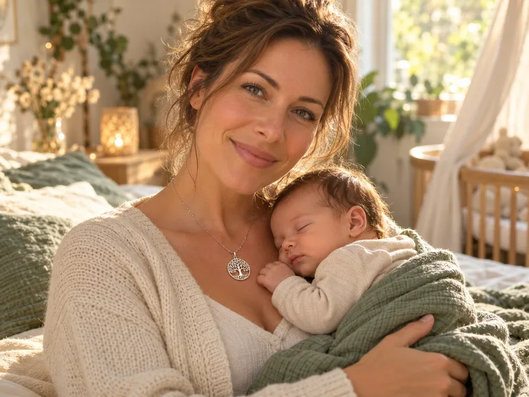 Jeune maman portant un collier arbre de vie avec son bébé