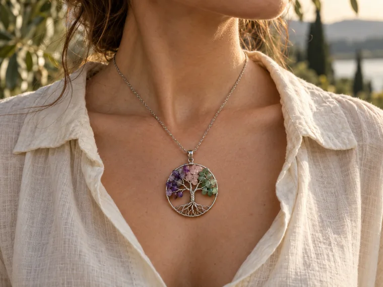 Pendentif arbre de vie aux feuilles en pierres naturelles porté