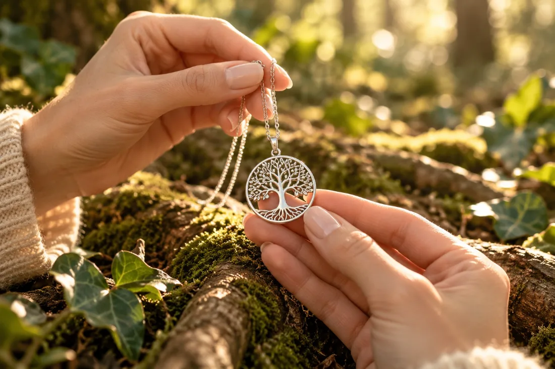 Mains tenant un pendentif arbre de vie au-dessus de racines moussues